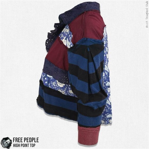 FREE PEOPLE HIGH POINT OVERSIZED BOHO PATCHWORK CROP TOP IN NIGHTTIME COMBO XS/S - Picture 5 of 15